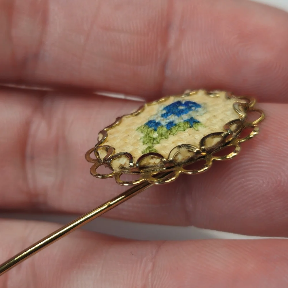 Vintage Blue Flower Cross Stitch Stick Pin Gold Tone